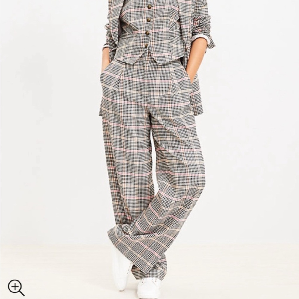 LOFT Checkered Wide Leg Pants - Black, Cream, Pink